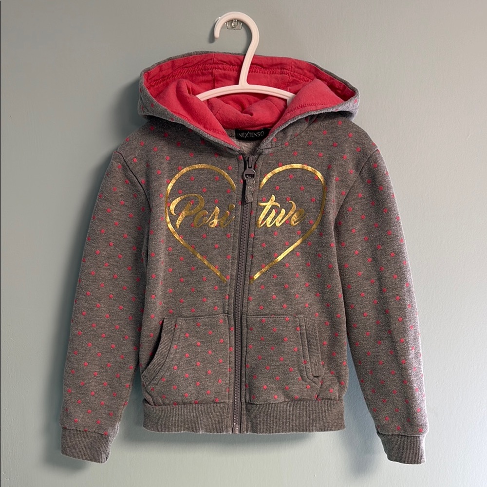 Inextenso Grey & Pink Hooded Sweatshirt with Positive Heart Print, Girl Size 6